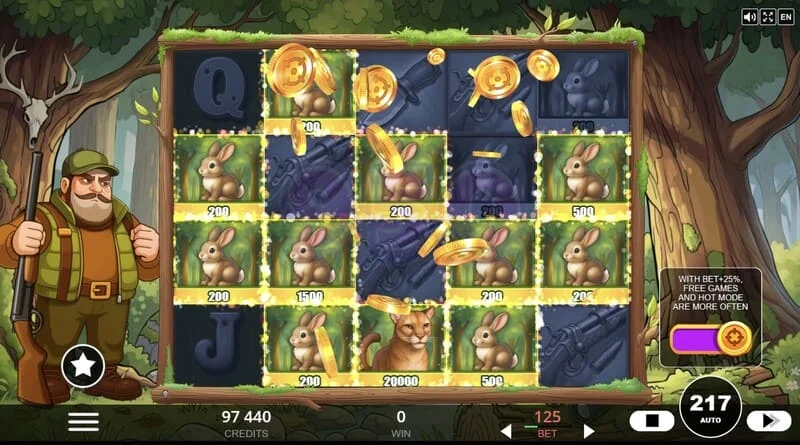 Hunt the Bucks - sérstök tákn Hunter-Wild, Scatter og Animal Credit í ristinni